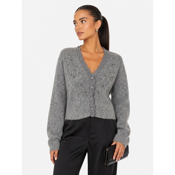 And Now This Sweaters - NWT AND NOW THIS Grey Fuzzy Rhinestone Cardigan Sweater New L